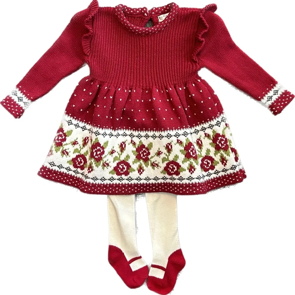 Max Studio baby red floral sweater dress, tight and hat matching set size 0-3 mo